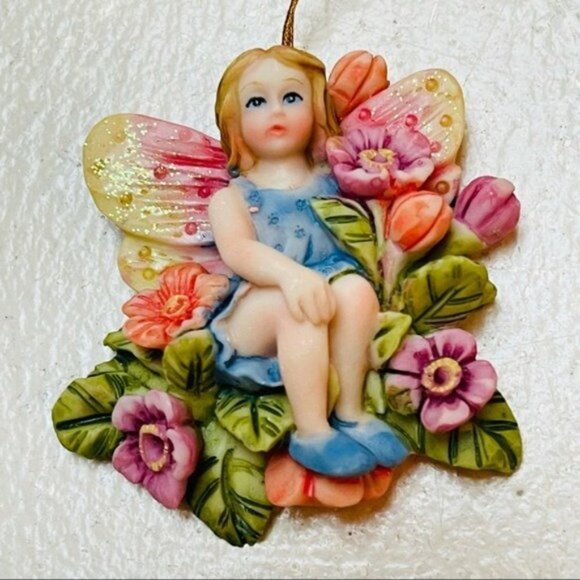 Angel Ceramic Figurine Hanging Ornament Decor Christmas Holiday Flowers Gift - Picture 2 of 4